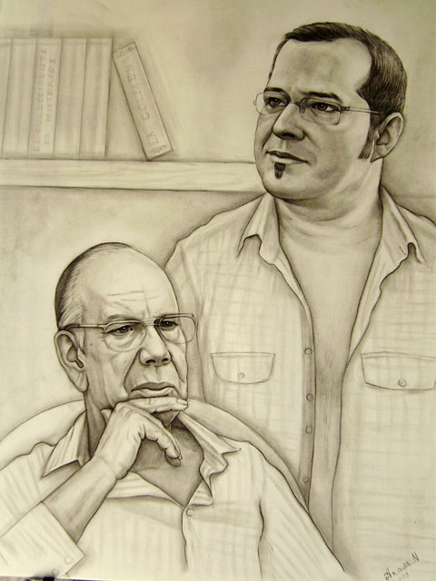 Camilo José Cela con su secretario Gaspar Sánchez Salas. Escultores en Barcelona