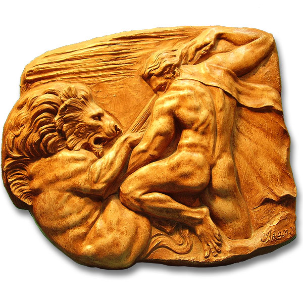 Lucha con león (relieve). Escultores en Barcelona
